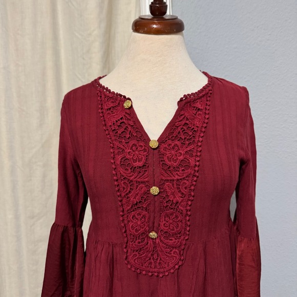 Knox Rose Women Burgundy Lace Front Bell Sleeve Boho Peasant Cottagecore Dress M - Picture 3 of 13